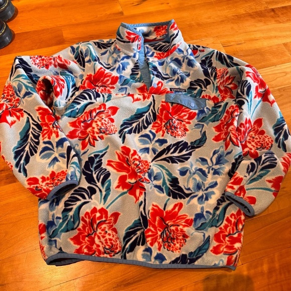 Patagonia Synchilla Snap Pullover fleece sweater bold floral printed red L manoa - Picture 2 of 9
